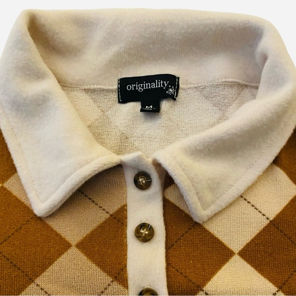 Originality Women’s Argyle Sweater Medium Cropped Brown Pullover Stretch - Picture 3 of 7